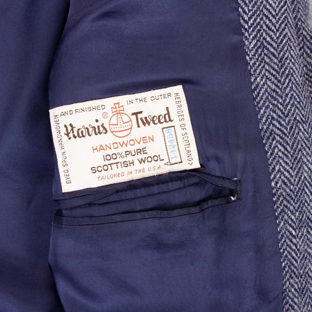 VTG Harris Tweed Lands End Mens 41R Blue Blazer Jacket Wool‎ Herringbone USA